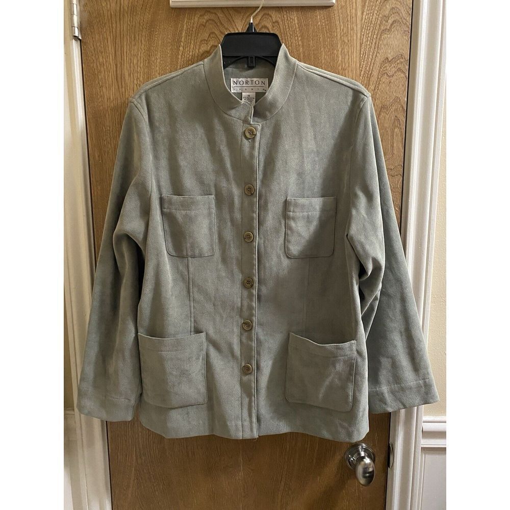 Vintage Norton Studio Women's Button Jacket Sz 16 Mint Green Pockets Mock Neck
